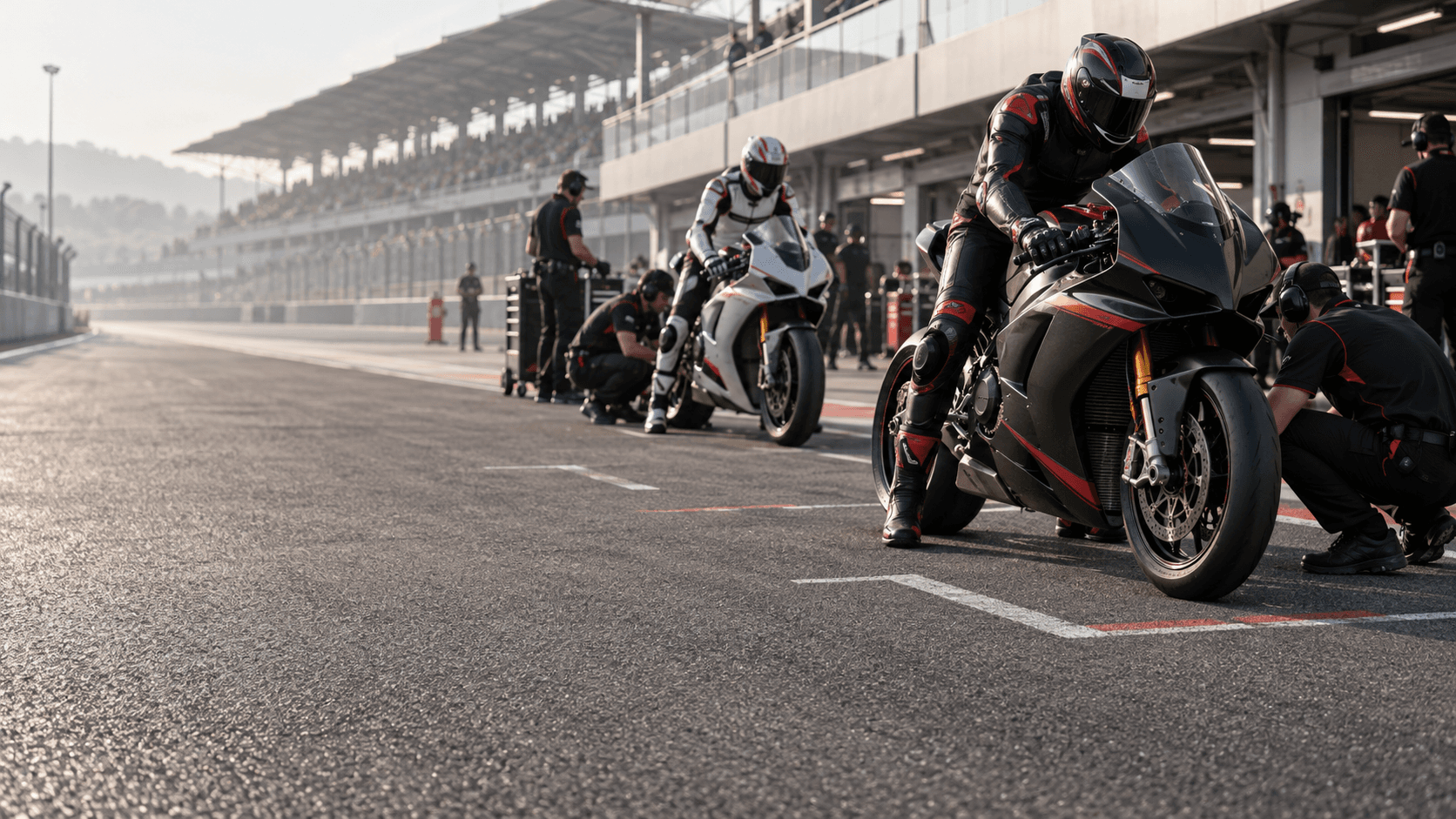 铺装赛道维修区与虚构赛车的 AI 主题示意，非 MotoGP 现场或文中车手实拍